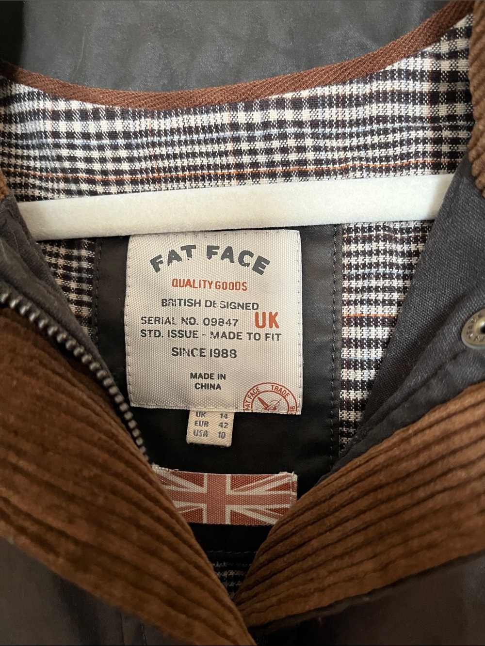 Fat Face Dark Brown Waxed Field Jacket with Tan Corduroy Trim - Picture 2 of 6